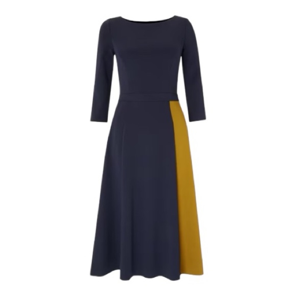 Boden Claudia Ponte Midi Dress Navy Gold Size 4 Colorblock Fit and Flare - Picture 10 of 10
